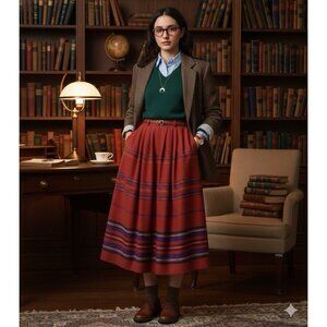 The Villager Vtg Wool Blend Red Striped Midi Skirt Sz 8 Modest Academia Office